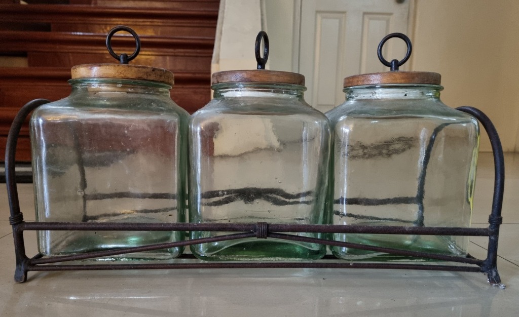 3pc Glass Jar with Wooden Lid on Metal Rack, Furniture & Home Living