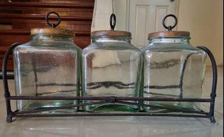 3-pc Glass Jar with Wooden Lid on Metal Rack