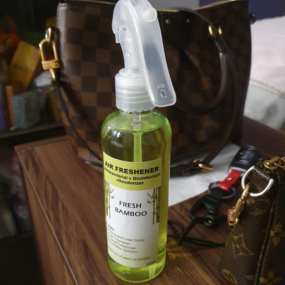 Air Freshener (Category: Fragrance & Deodorants) located in Noveleta. Submitted by heyitsroxy (Listing ID 1101595154, Image 1). Description: Antibacterial, Disinfectant, Deodorizer Air Freshener Room and Linen Spray Car Freshener Closet Deodorizer Humidifier Solution 250ml Scent Options: Fresh Bamboo- smells like Mia Maison Solaire, Conrad, Shangrila, Okada, Irish Spring- smells like Irish Spring soap Open for Reseller.