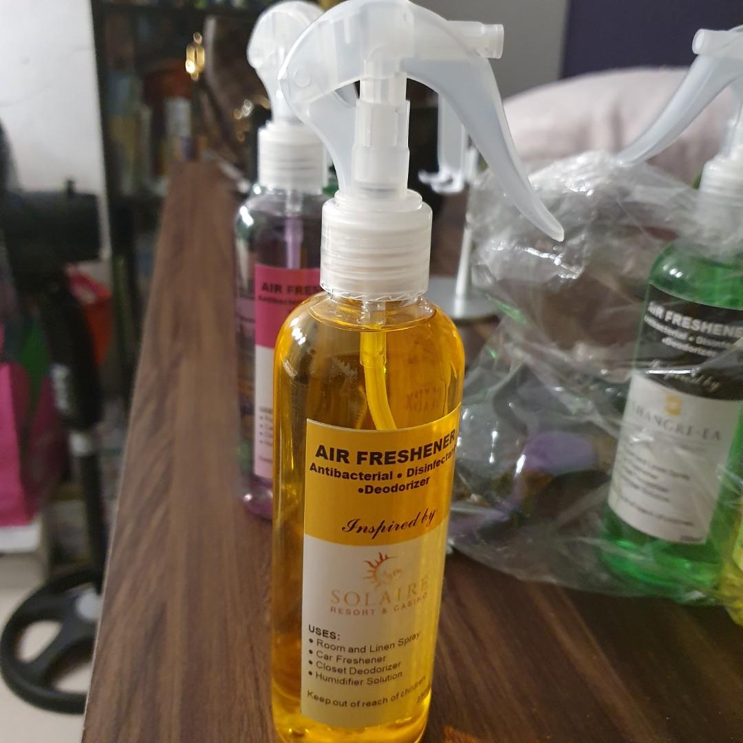 Air Freshener (Category: Fragrance & Deodorants) located in Noveleta. Submitted by heyitsroxy (Listing ID 1101595154, Image 2). Description: Antibacterial, Disinfectant, Deodorizer Air Freshener Room and Linen Spray Car Freshener Closet Deodorizer Humidifier Solution 250ml Scent Options: Fresh Bamboo- smells like Mia Maison Solaire, Conrad, Shangrila, Okada, Irish Spring- smells like Irish Spring soap Open for Reseller.