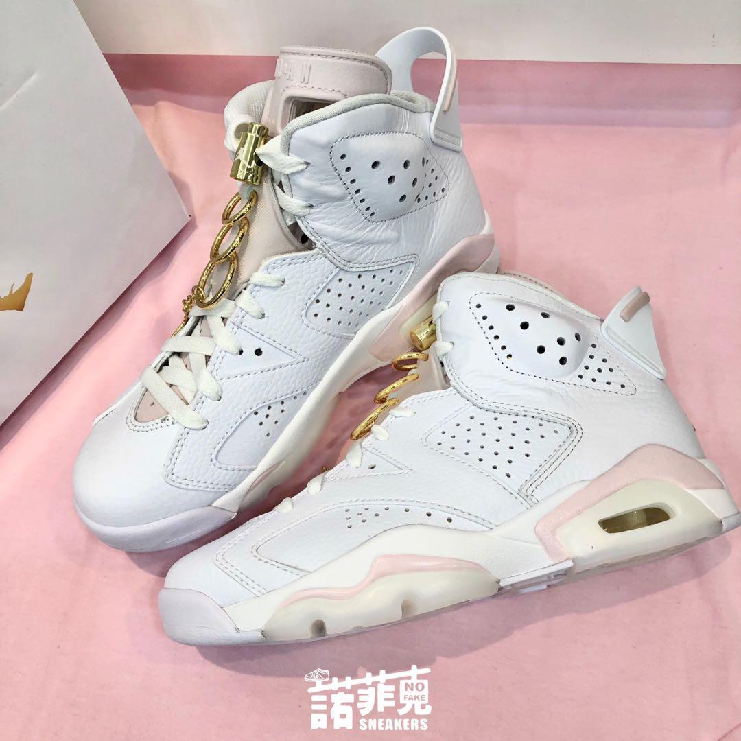 Air Jordan 6 Gold Hoops白粉金飾23-28cm, 她的時尚, 鞋, 運動鞋在旋轉拍賣