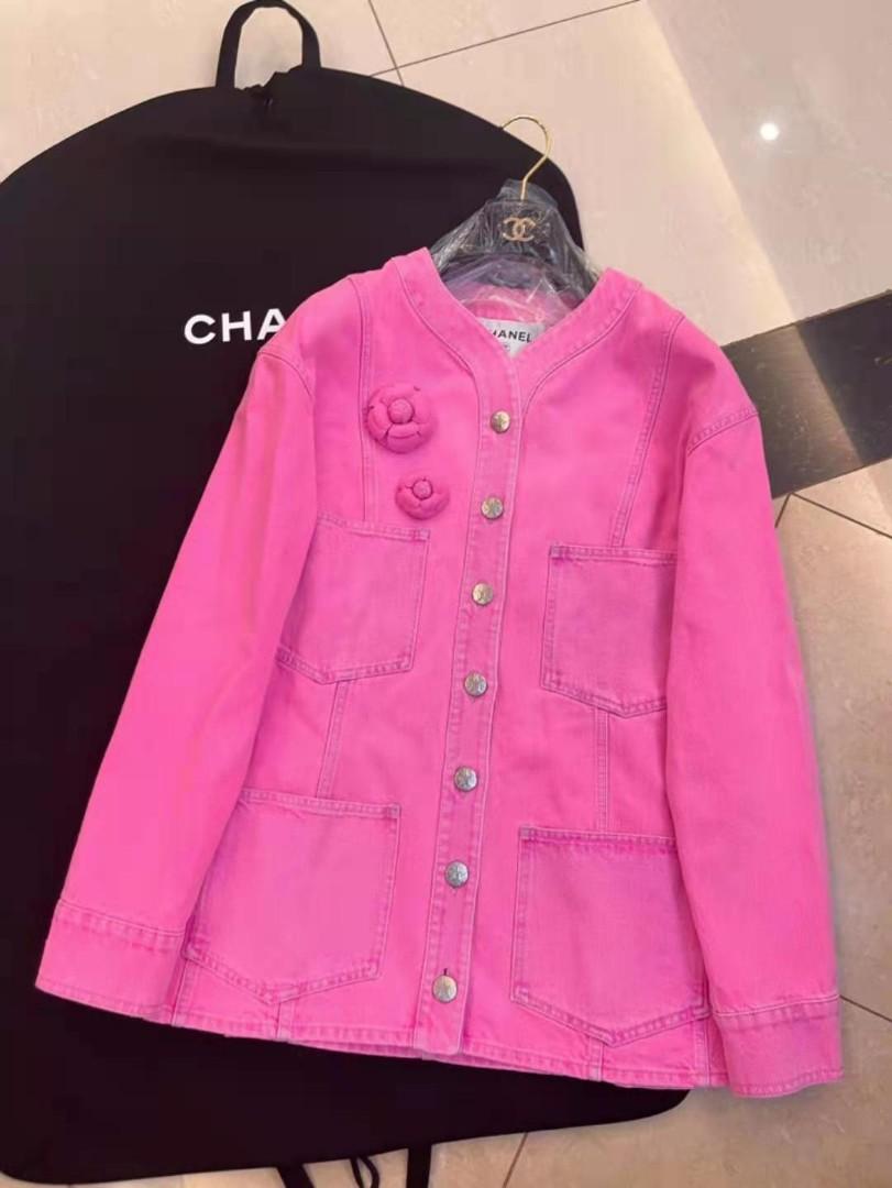 CHANEL 21S Pink / Blue Denim Jacket With Camellia Brooch, Luxury, Apparel  on Carousell