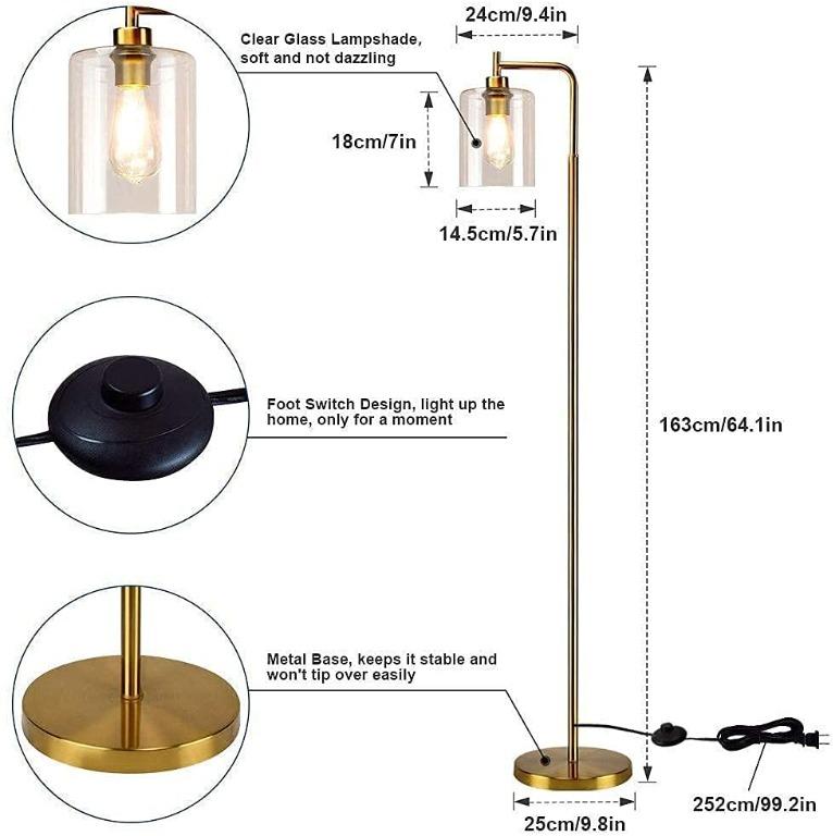 Dllt Modern Metal Reading Floor Lamp Tall Post Light With Hanging Glass Shade Farmhouse Industrial Floor Lamp Brass Tall Lighting For Living Room Bedroom Office Gold E26 Furniture Home Living Lighting