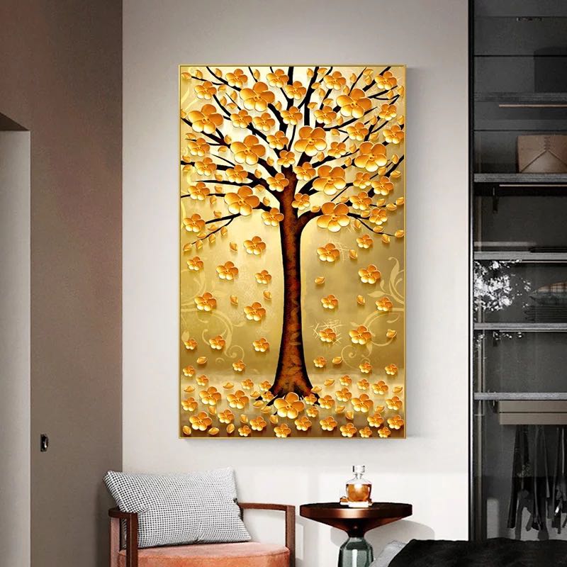 Golden Money Tree Canvas Painting Print, Painting For Living Room Feng Shui