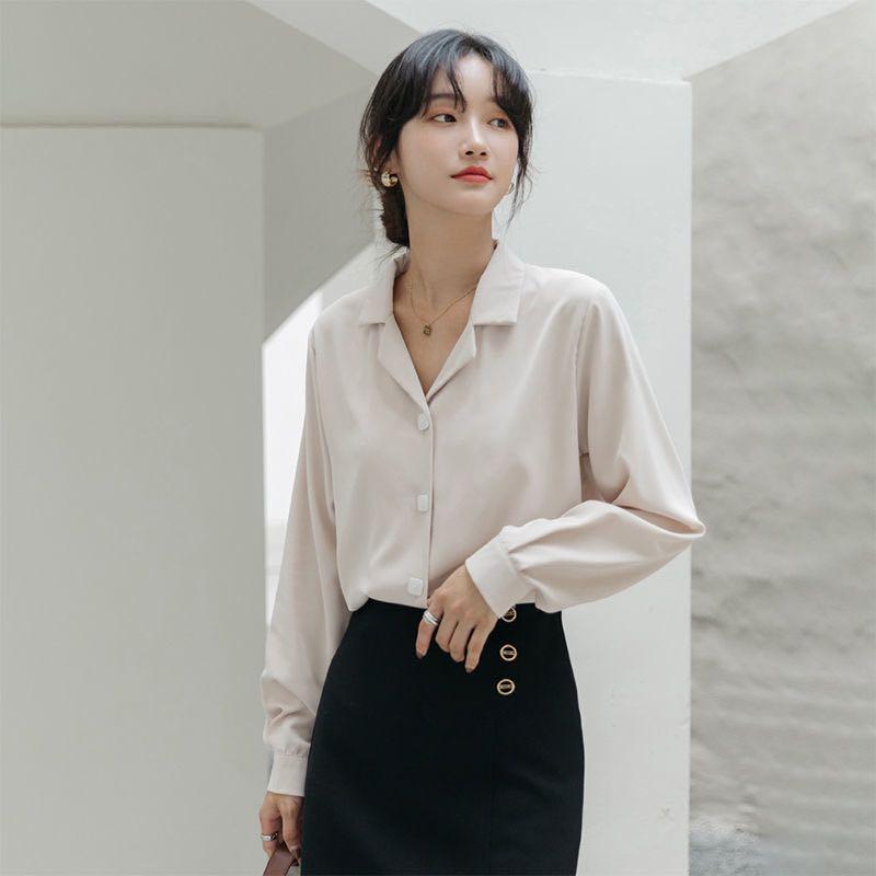 instock* Ulzzang cream yellowish champagne blouse Korean office wear blouse  long sleeve top blouse, Women's Fashion, Tops, Blouses on Carousell