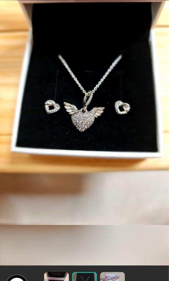 Pandora Pave heart and Angel Wings Necklace, Women's Fashion, Jewelry &  Organisers, Necklaces on Carousell