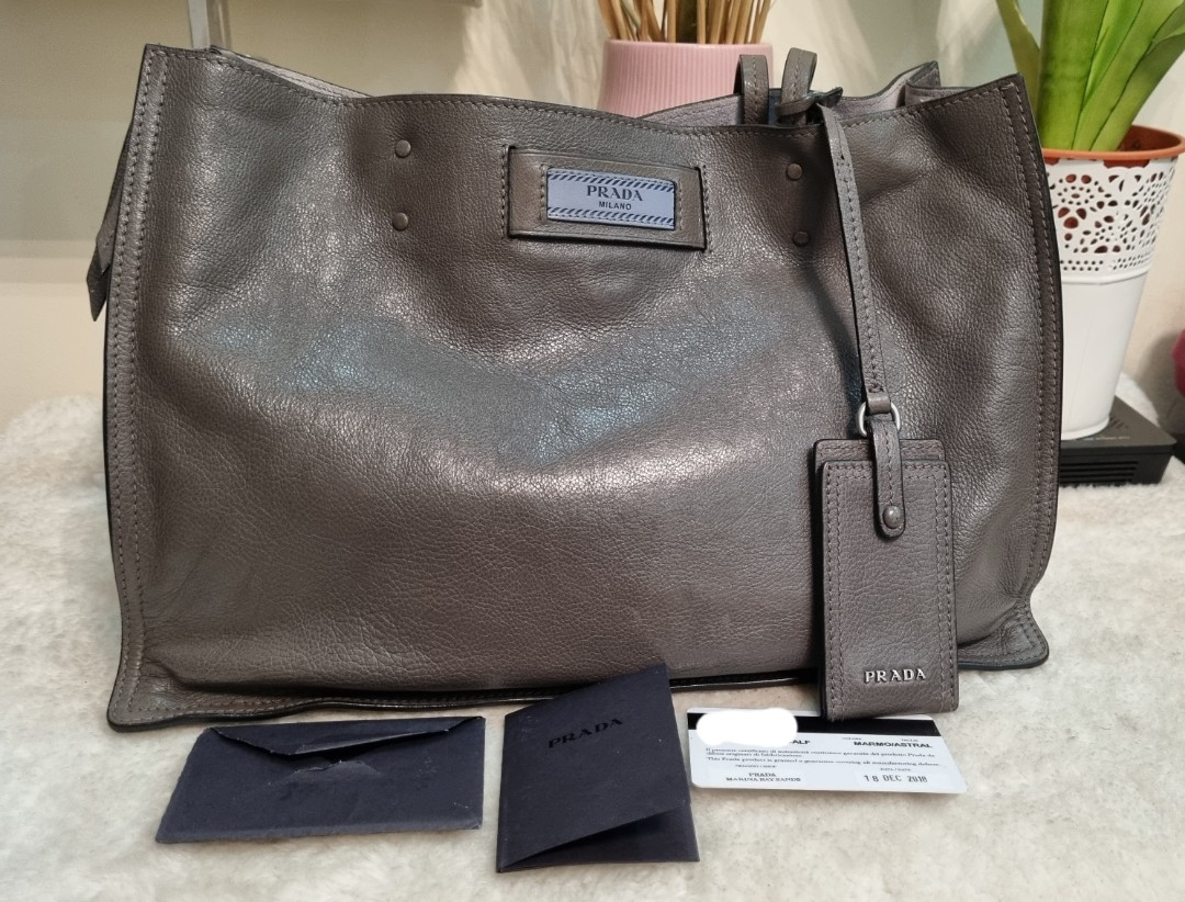 Prada Etiquette Grey Tote Leather Bag, Luxury, Bags & Wallets on Carousell