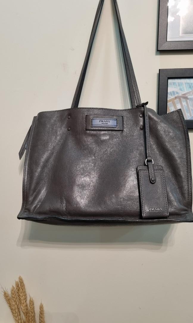 Prada Etiquette Grey Tote Leather Bag, Luxury, Bags & Wallets on Carousell
