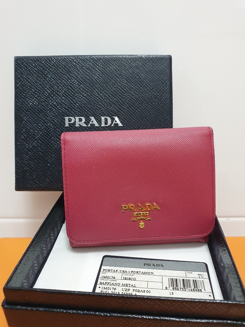 Preloved Authentic Prada trifold wallet Saffiano Metal Ibisco Colour Model  1M0176