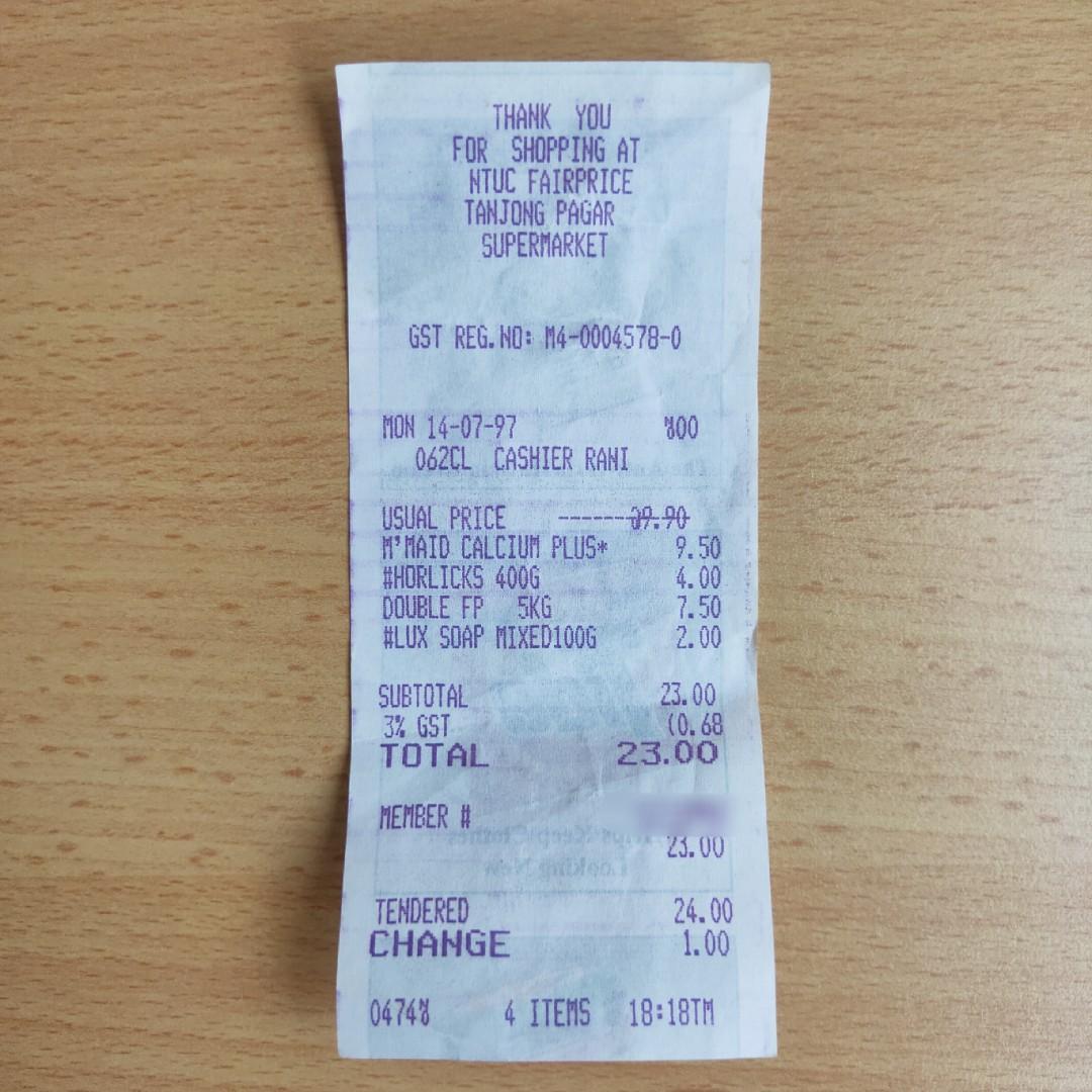 Retro 1997 NTUC FairPrice Receipt + Plastic Bag (24 years old), Hobbies