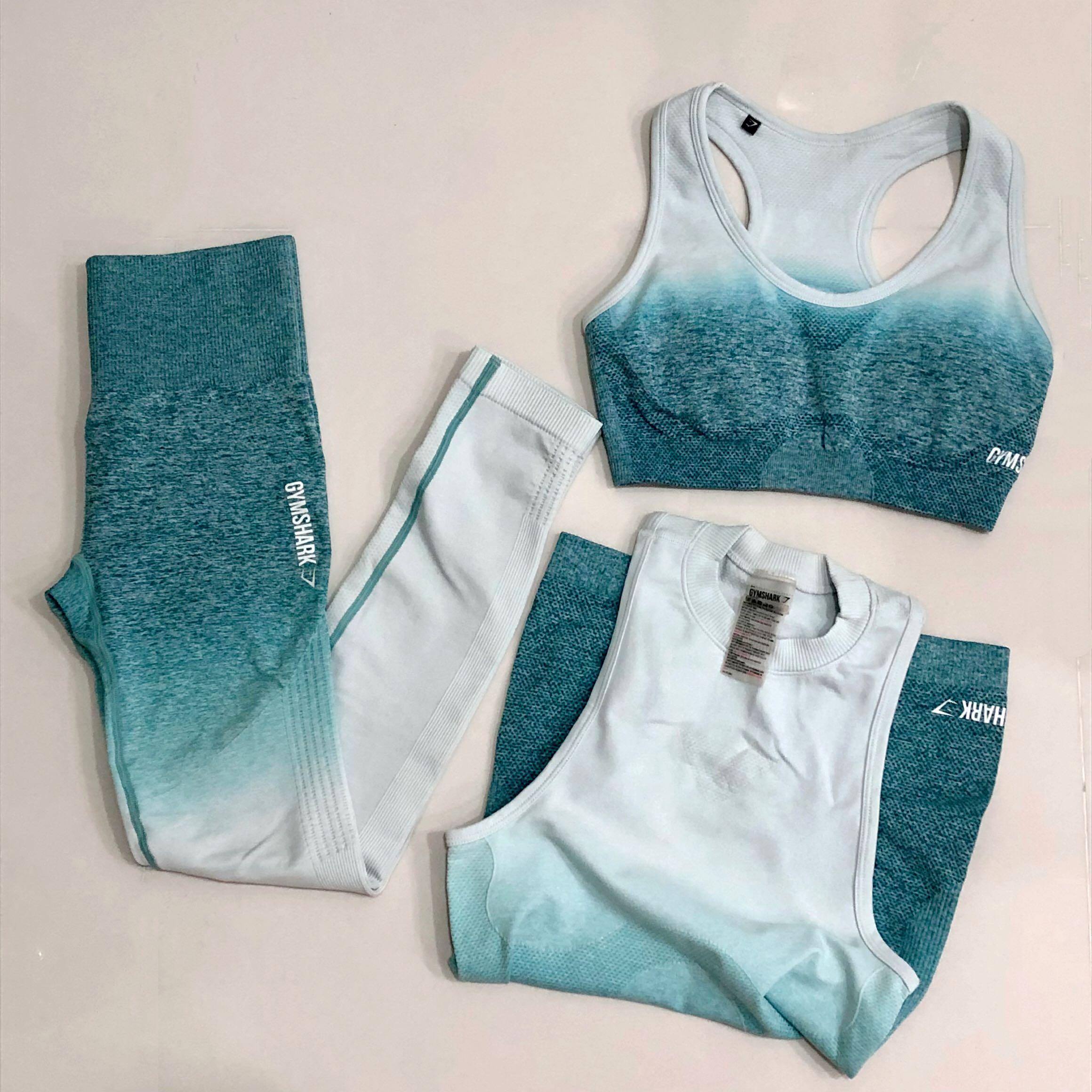 Set Gymshark Ombre Seamless Sports Bra Leggings Vest Deep Teal Ice Blue XS Extra Small athleisureparty Women s Fashion Activewear on Carousell