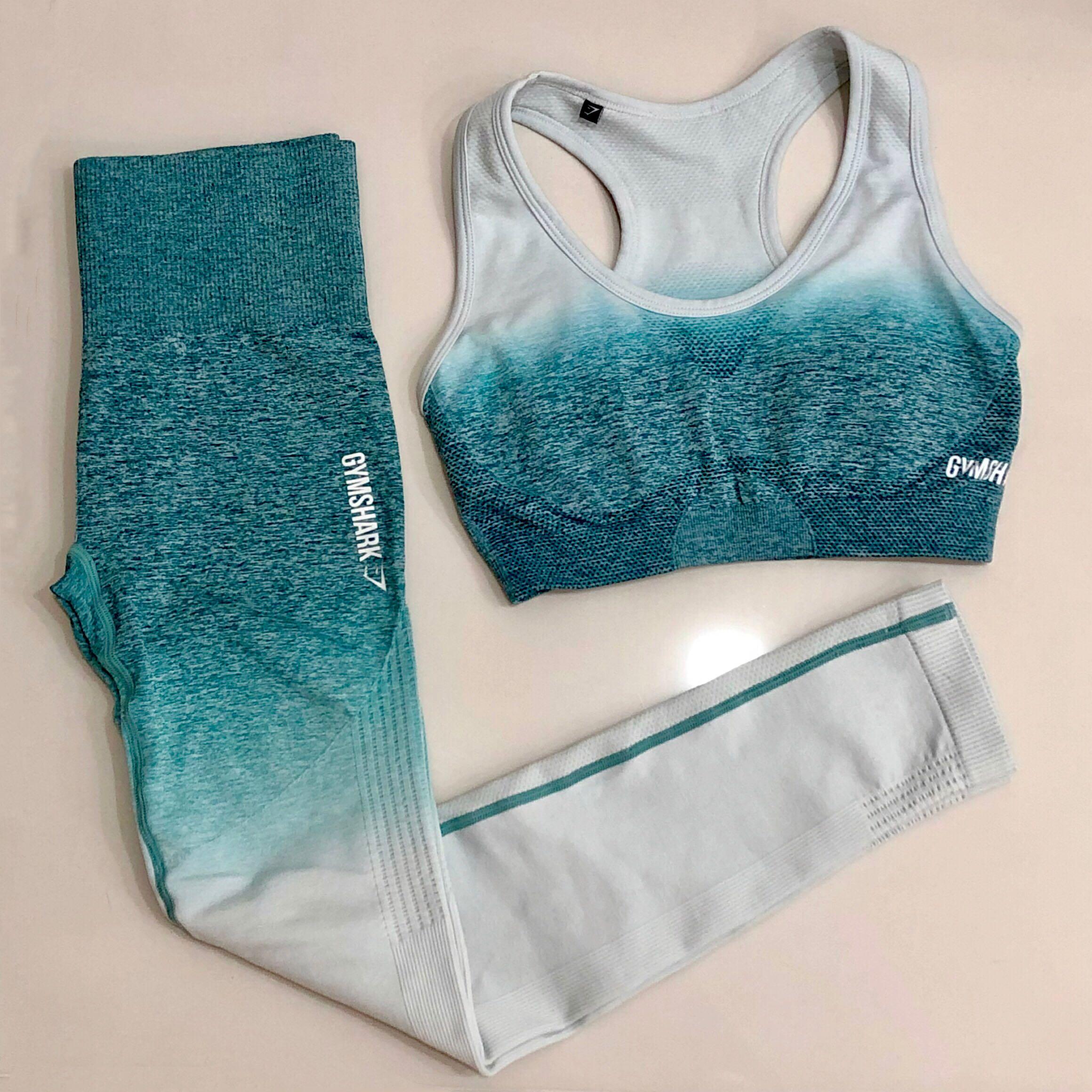 Set> Gymshark Ombre Seamless Sports Bra Leggings Vest - Deep Teal / Ice Blue  XS Extra Small #athleisureparty, Women's Fashion, Activewear on Carousell