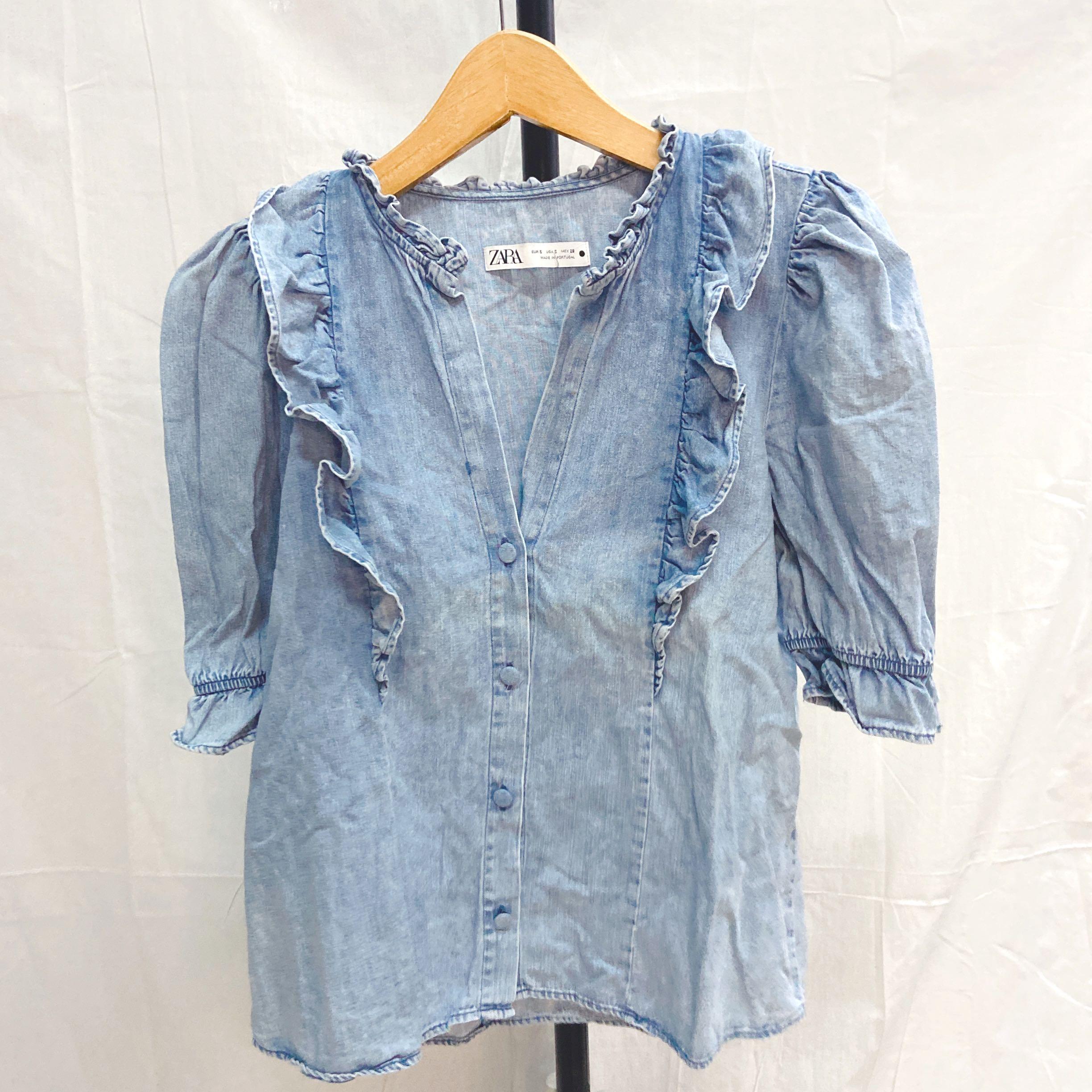 ZARA DENIM RUFFLE BLOUSE WITH PUFF 