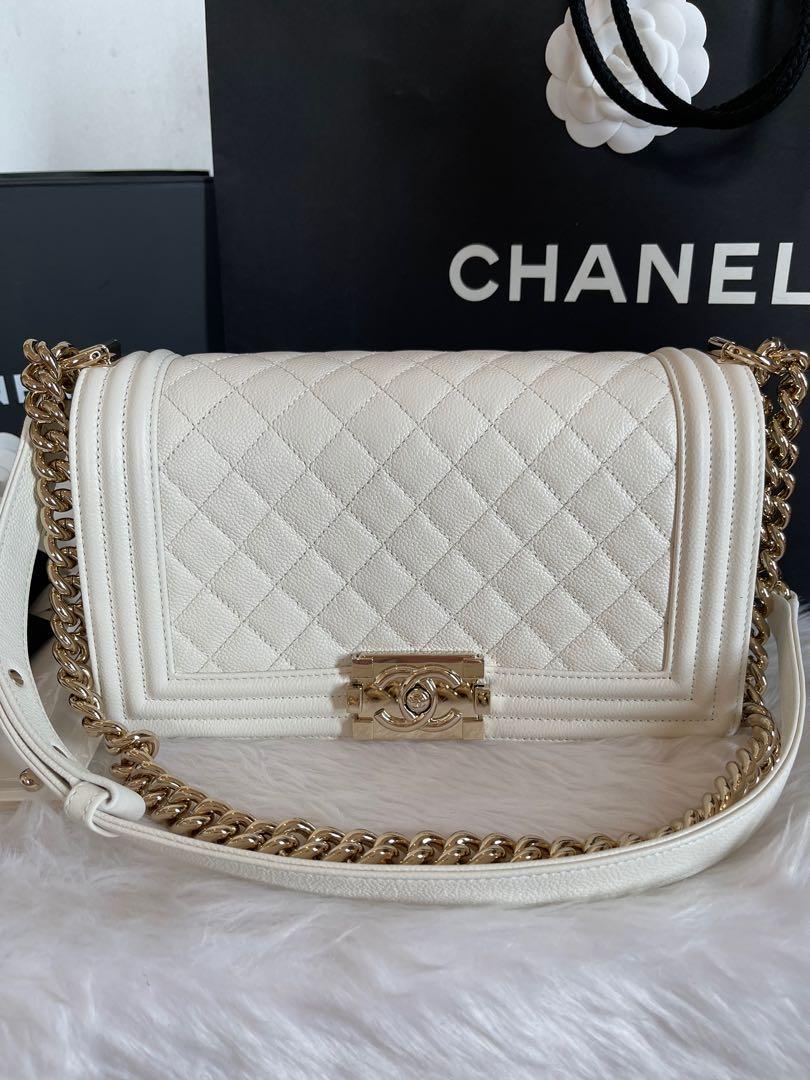 Authentic Chanel Leboy Old Medium Caviar in White Champagne GHW Microchip