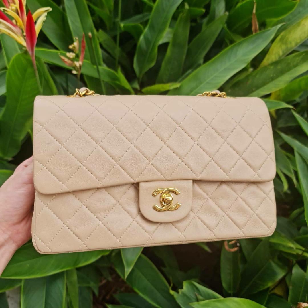 SOLD on IG] Chanel Vintage Medium flap in Beige Cream with 24k Gold Hardware,  Women's Fashion, Bags & Wallets, Shoulder Bags on Carousell