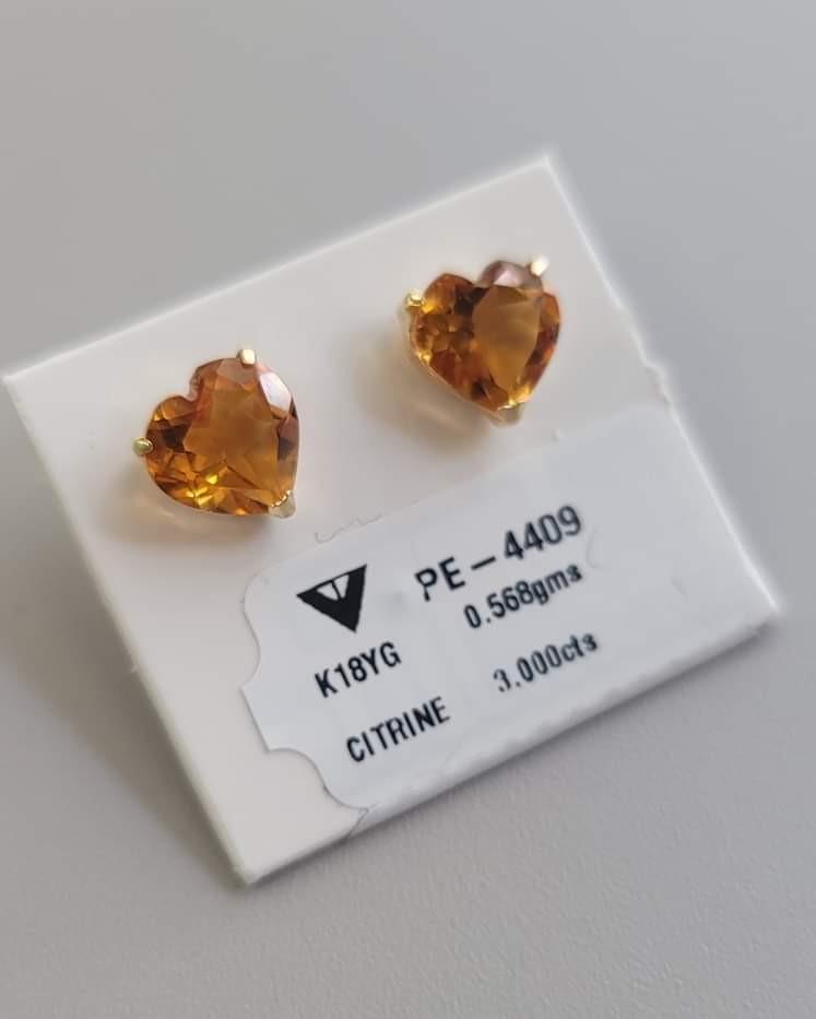 Citrine Heart Shaped Stud Earrings, Women's Fashion, Jewelry