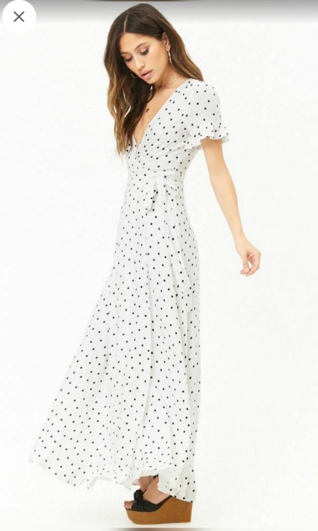 Forever 21 Polka Dot Maxi White Wrap Dress