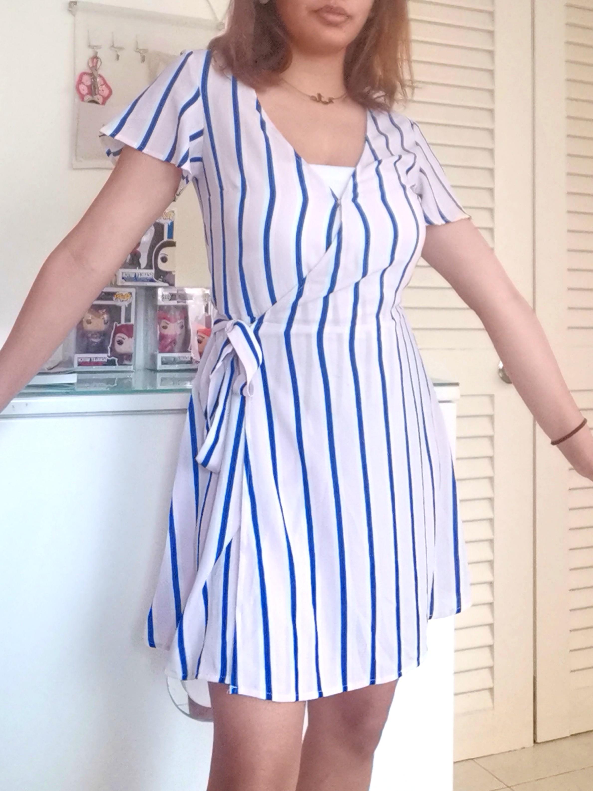 H&m blue striped wrap dress discount
