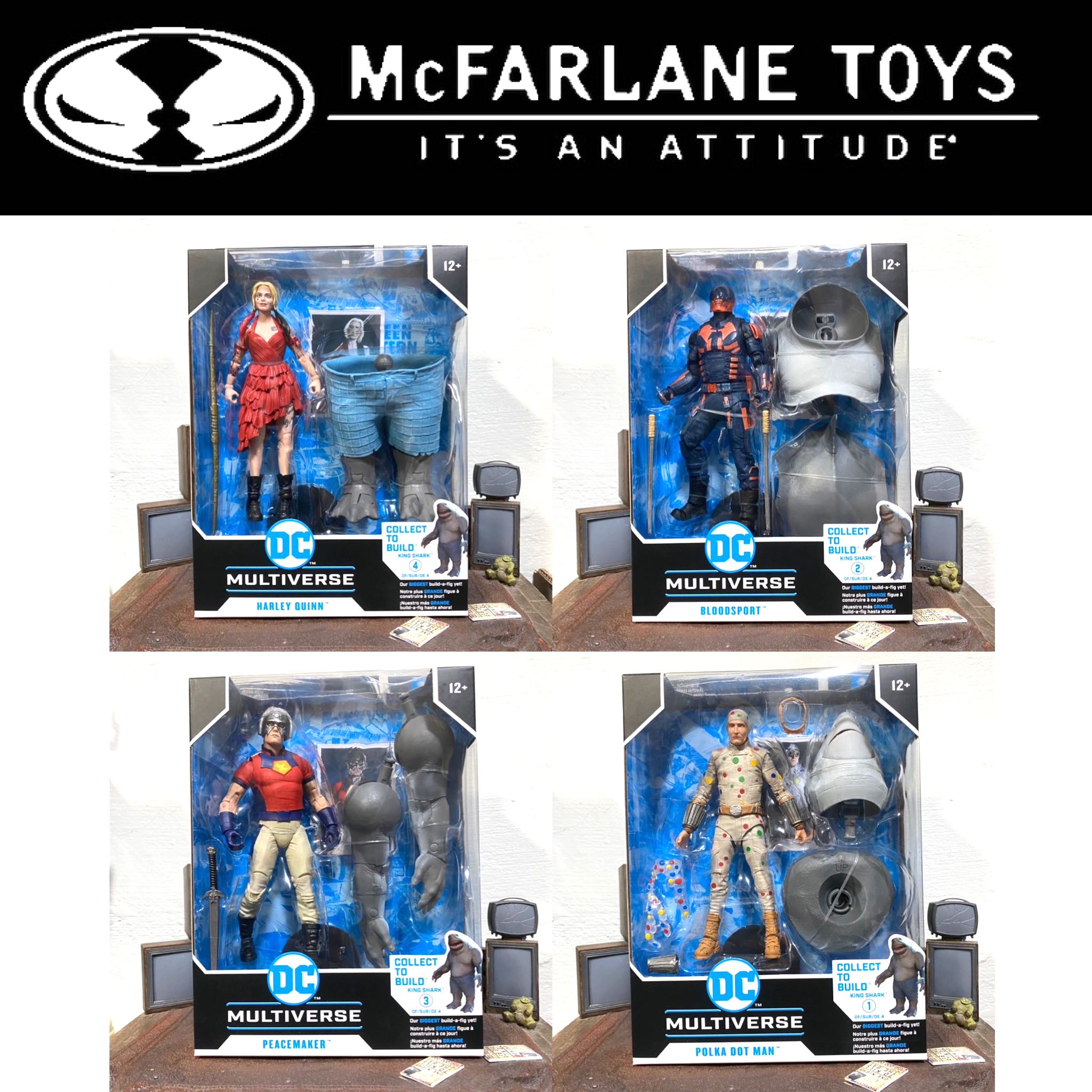 [In hand - Set of 4 only] DC Multiverse McFarlane Suicide Squad Movie  Harley Quinn,Bloodsport, Polka Dot Man, Peace Maker, King Shark Collect and 