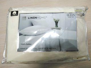 Linen Home 100% Cotton Percale Sheets Queen Size, Ivory, Deep Pocket, 4 Piece - 1 Flat, 1 Deep Pocket Fitted Sheet and 2 Pillowcases, Crisp Cool and Strong Bed Linen