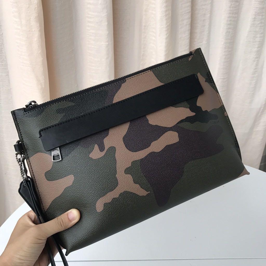 Camo COACH Men Leather Army Green Monogram Camouflage Travel stylish zippers Cool nice meeting clutch