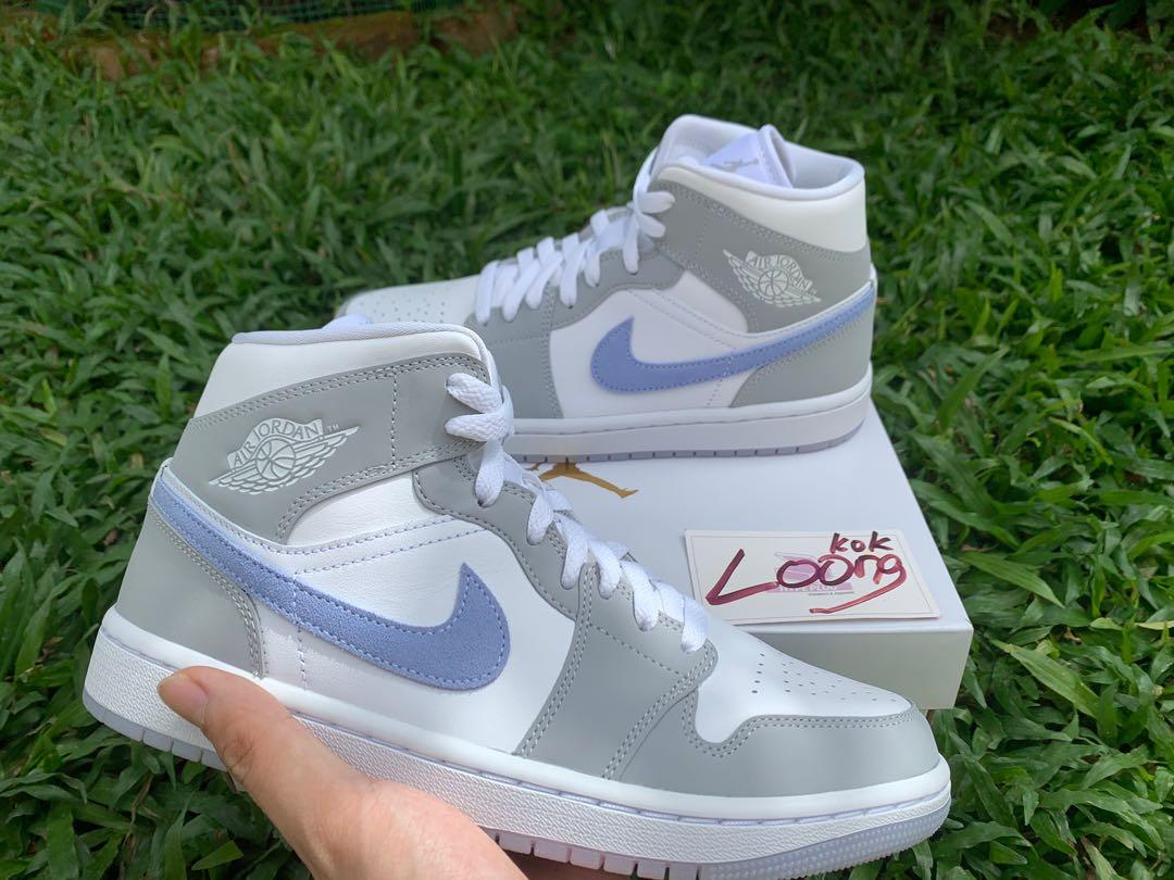 Air Jordan 1 Mid Grey Blue Women S Fashion Shoes On Carousell