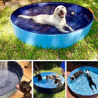 Dog Pool Blue 120 x 30 cm Foldable Easy Set Non Inflatable PVC with Free Repair Patch and Bath Brush