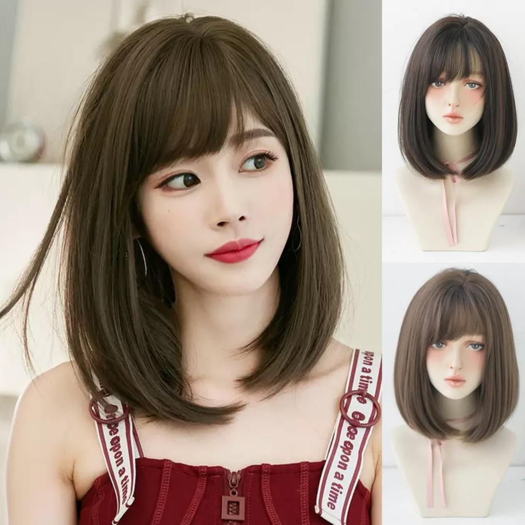 INSTOCKS] Korean 2 Colors Natural Airy Bangs C Curl Straight Side Parting  Shoulder Length Short Hair Wig Breathable/Adjustable, Beauty & Personal  Care, Hair on Carousell