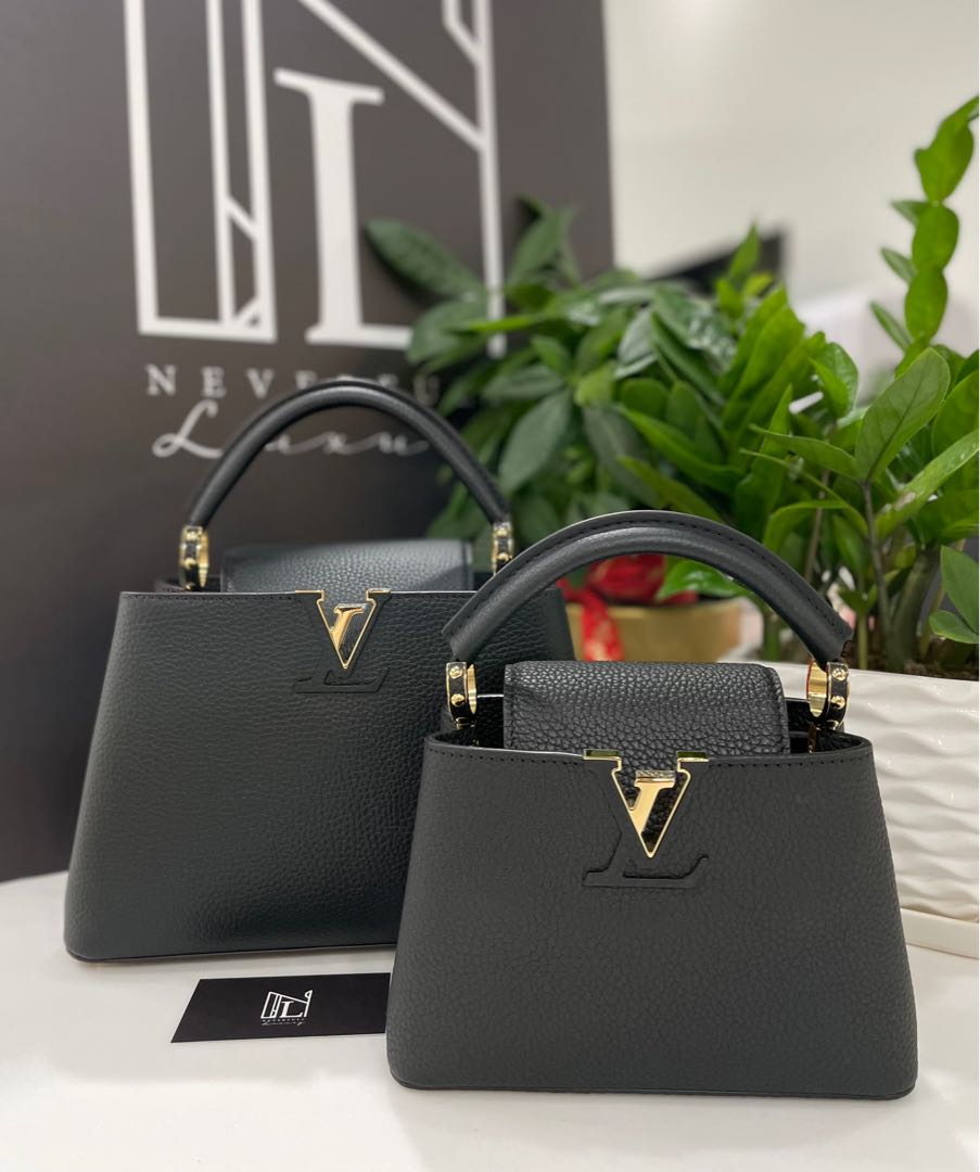 Louis Vuitton Black Mini Capucines Taurillon Leather Gold Hardware.  Microchip. Made in France. With long strap, dustbag & box ❤️