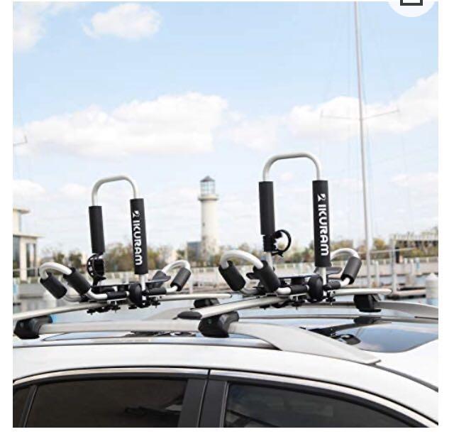 New Imported IKURAM R Kayak Surf Ski Roof Carrier Rack of Bilateral Premier J Style Folding 4 in 1 for Canoe SUP Kayaks Surfboard and Ski Board Rooftop Mount on SUV Pickup Car and Van Sports Equipment