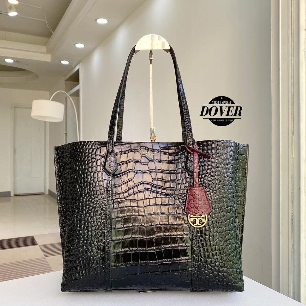 Tory Burch Perry Croc Embossed Leather Tote Black Barang Mewah Tas Dompet Di Carousell