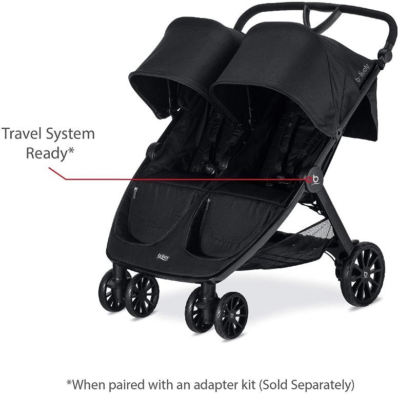 Britax B Lively Double Stroller Adjustable Handlebar Easy Fold Infinite Recline Front Access Storage Raven