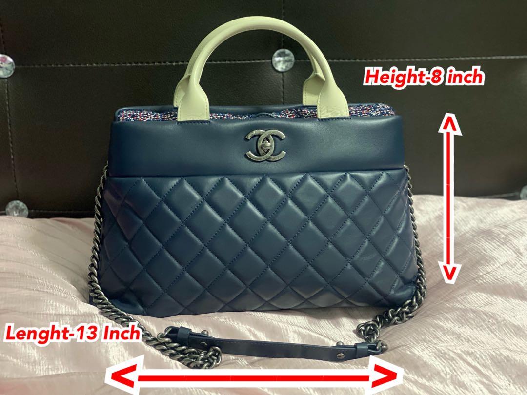 Chanel Calfskin Leather And Tweed Two Way Satchel Bag Blue with Silver  Hardware