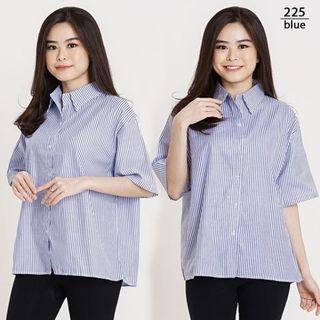 Kemeja Wanita Jumbo Tangan Pendek Salur biru