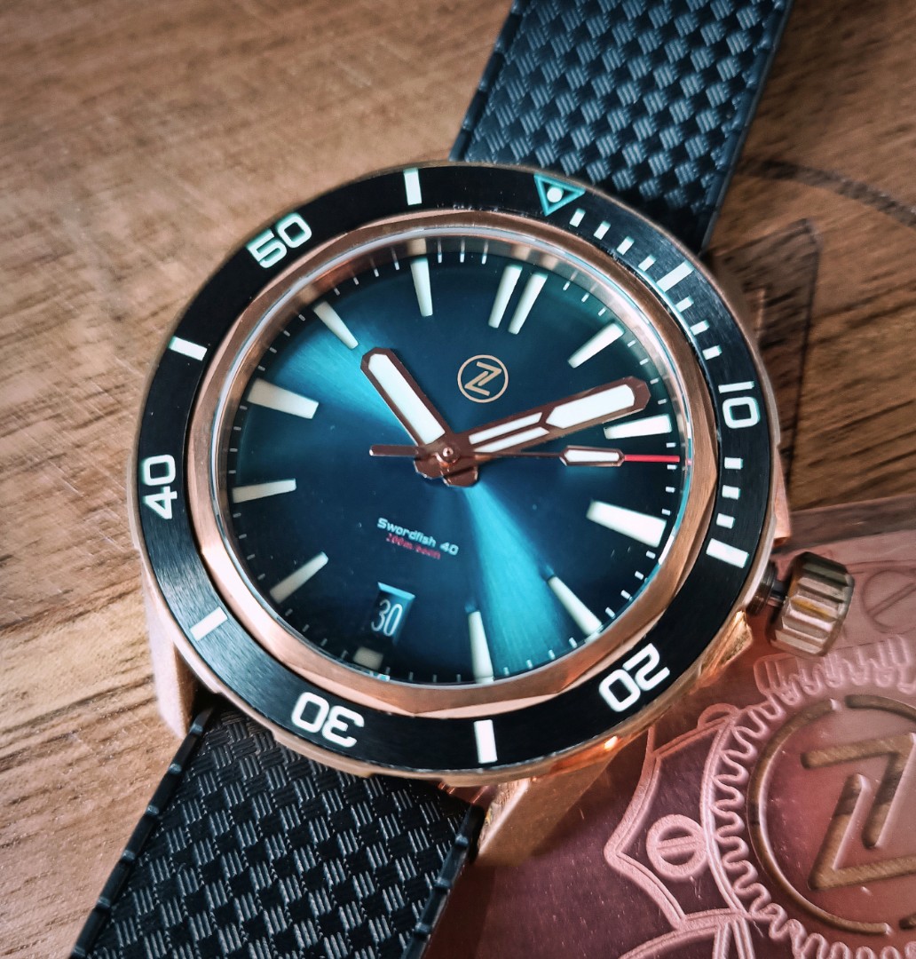 LNIB Zelos Swordfish Bronze Teal Dial Automatic Divers Watch