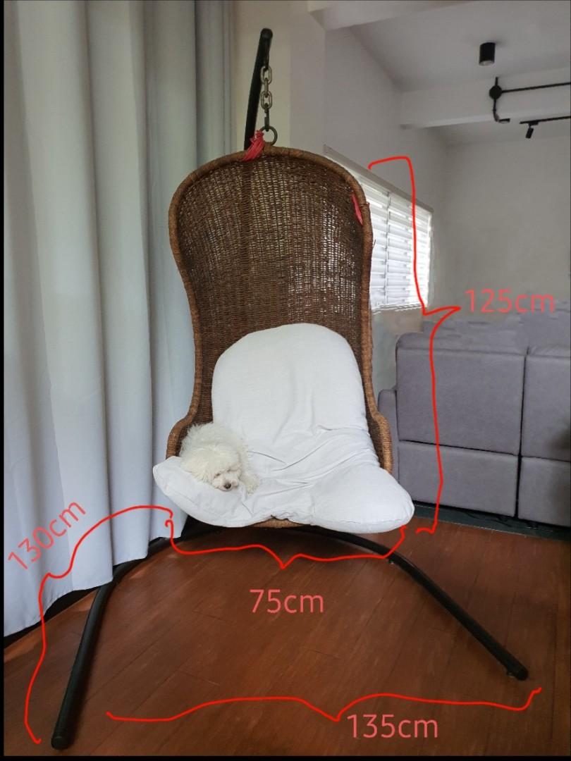 Rattan Swing Hanging Chair with Stand (Category: Other Home Furniture) located in Pasig City. Submitted by powerly75 (Listing ID 1102000434, Image 2). Description: *Dizon rattan swing *seat cushion included *please check last 2 photos for flaws (can be repaired at buyer's expense) *dimensions are posted on the 2nd photo *shipping c/o buyer for pick up in Pasig City no low ballers! dog in photo not included in this sale text me for inquiries 0998 