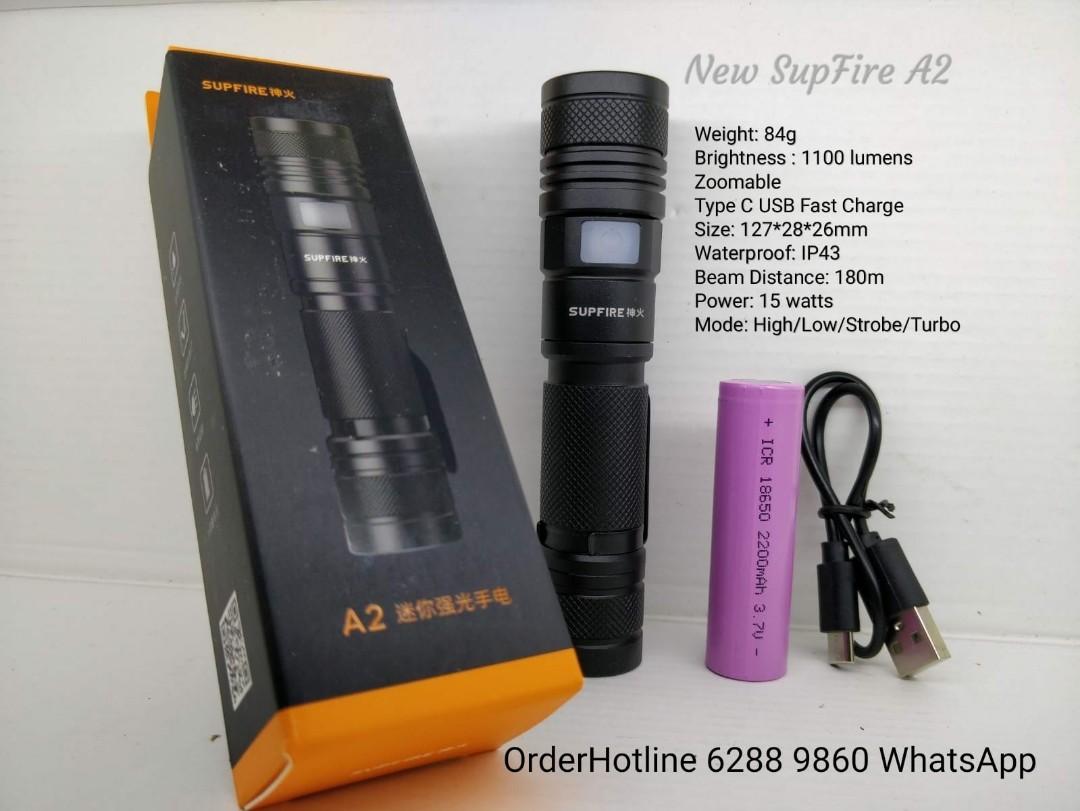 戰術強光電筒New Supfire A2. Turbo 1100 lumens. Type C USB Fast