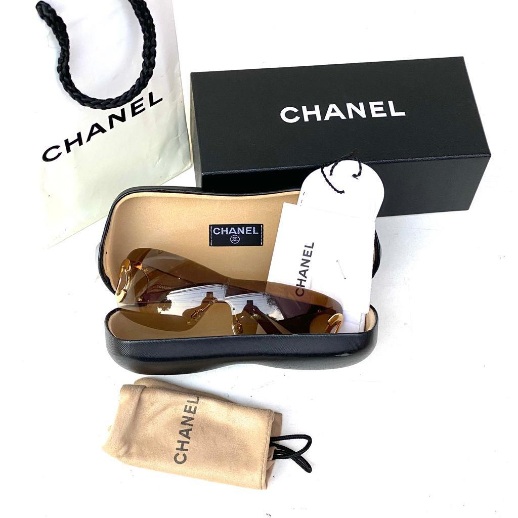 Chanel Sunglasses gold Cc logos Vintage with paperbag box hardcase and