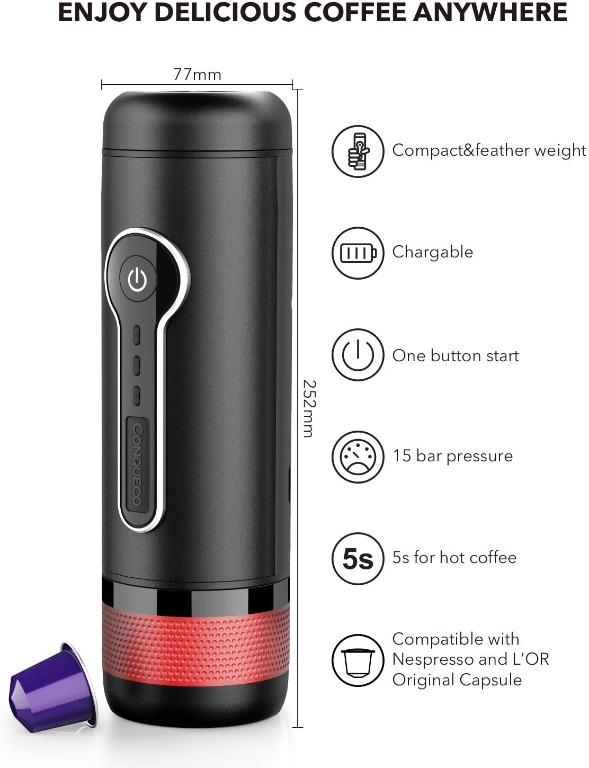 CONQUECO Portable Espresso Machine Travel - 12V Car Coffee Maker with Battery for Camping - Small Electric - 3 Mins Heating - Rechargeable USB