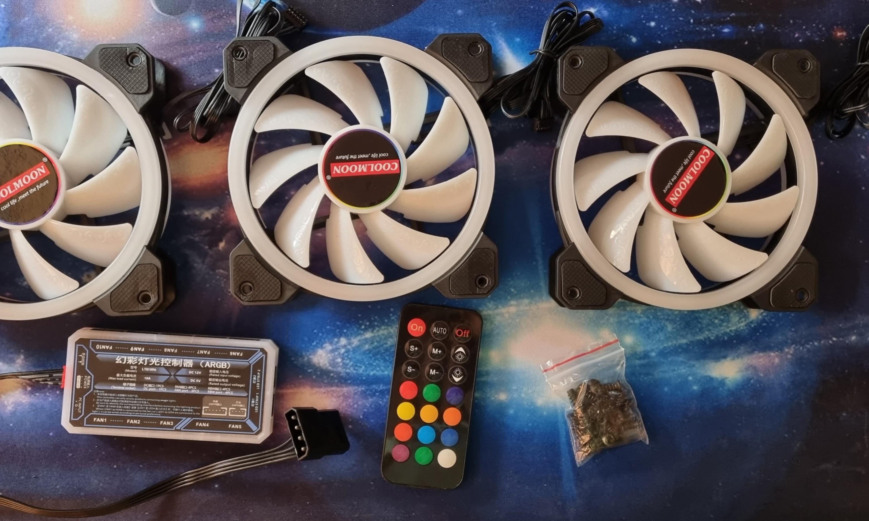 CoolMoon ARGB 3x Case Fans + Controller, Computers & Tech, Parts
