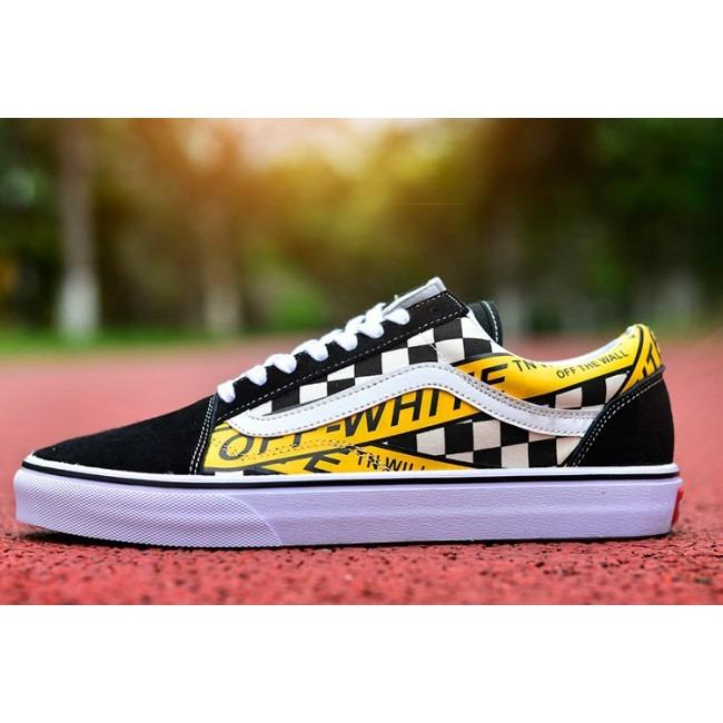 SALE Vans x Off White Old Skool Black White Checkerboard Yellow Stripe Skate Shoes