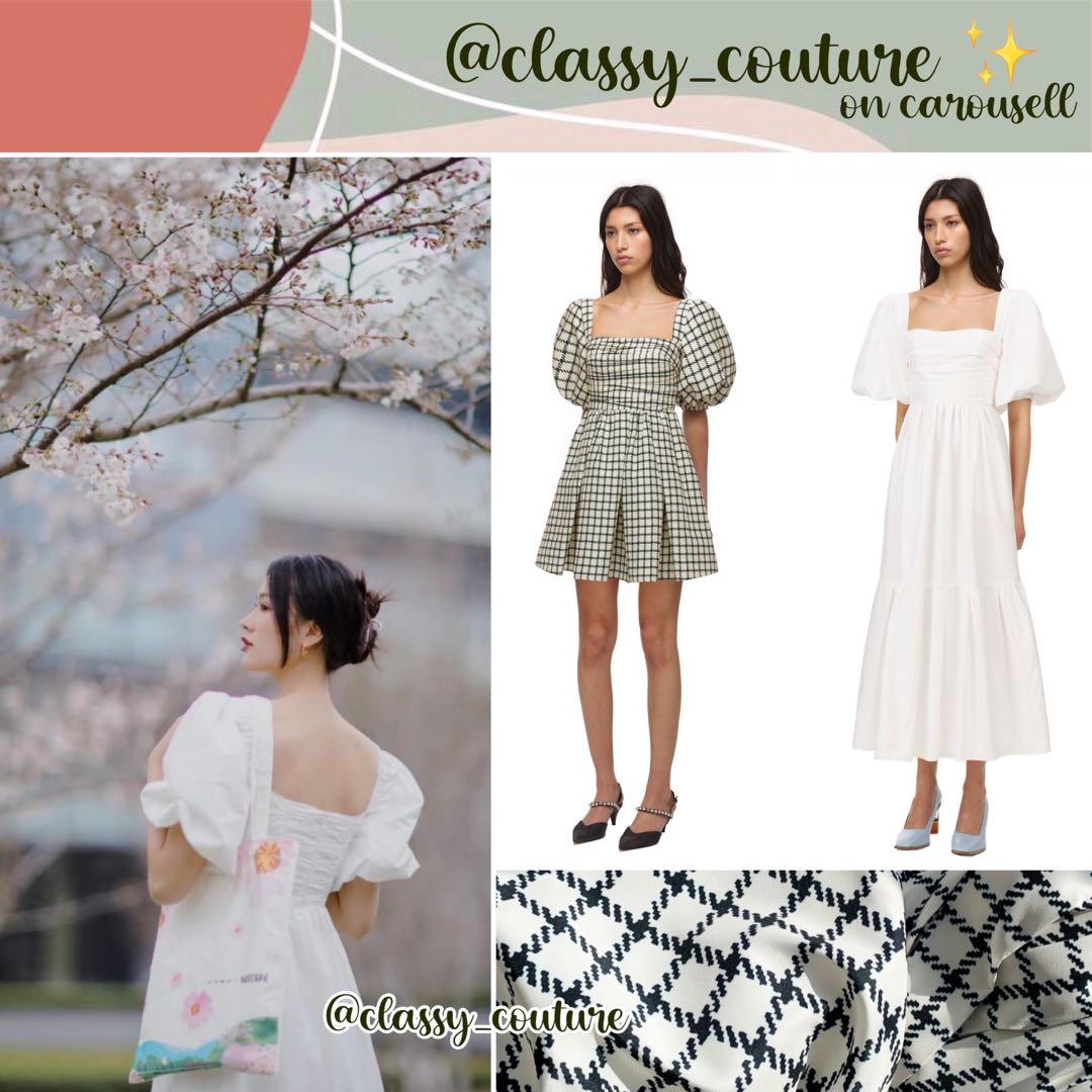 White Taffeta Puff Sleeve Midi Dress 
