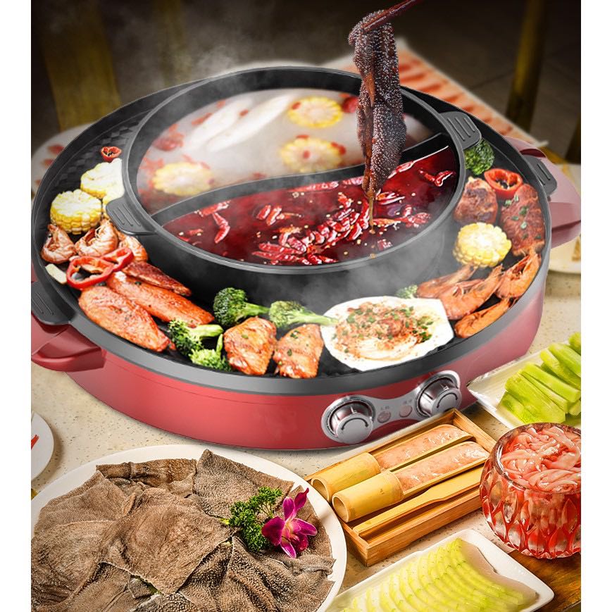 SEAAN Electric Hot Pot Grill Indoor Korean BBQ Grill Shabu Shabu Pot with  Divider, Separate Dual