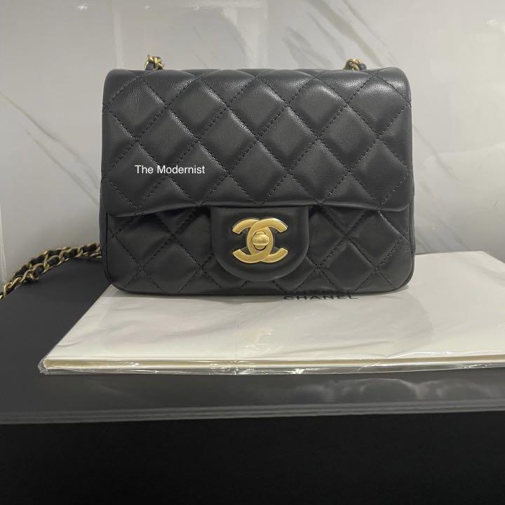 Authentic Chanel Gold Pearl Crush Square Mini Black Lambskin Gold