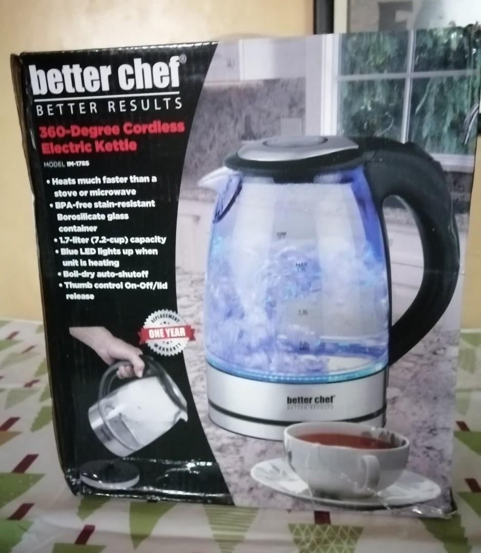 Better Chef cordless kettle (Category: Coffee & Tea Tableware) located in Bacoor. Submitted by scmom (Listing ID 1102347533, Image 1). Description: Fr: US....110 V 360 degree cordless electric glass tea kettle 1.7 L capacity Last pix not mine.