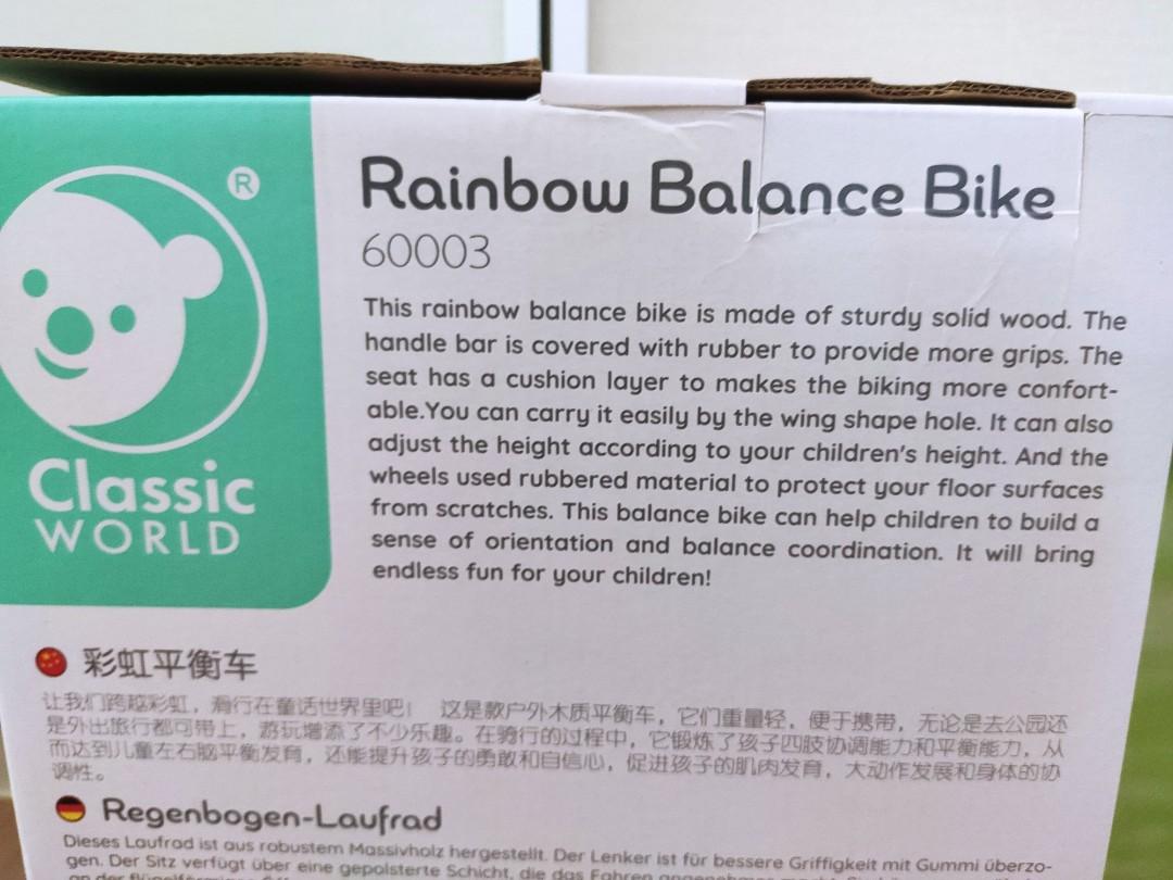 Classic World Rainbow Balance Bike (Category: Toys & Games) located in Singapore. Submitted by bloombloomz (Listing ID 1102386228, Image 3). Description: Classic World Rainbow Balance Bike Brand new in box. Perfect as gift Baby shower bicycle tula jujube fisher price leap frog lego toy tricycle outdoor play birthday party.