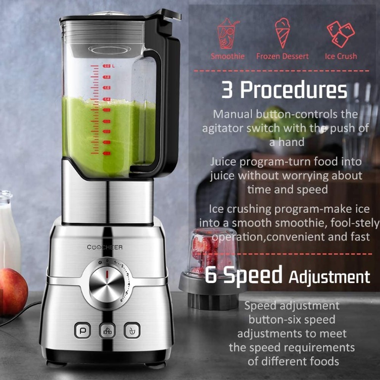Blender Smoothie Maker 2L BPA-Free Tritan Container 6 Titanium Stainless Steel Blade for Ice/Soup/Nuts 1000W Professional Countertop Blender with 8 Speed Control