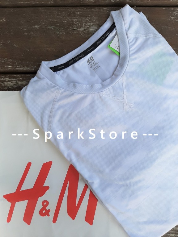H M Kaos Lari T Shirt Running Top Loose Fit Putih Bermotif