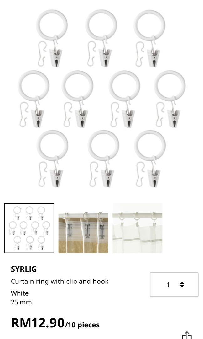 Ikea SYRLIG curtain ring with clip and hook (10 pieces), Furniture & Home  Living, Home Decor, Curtains & Blinds on Carousell