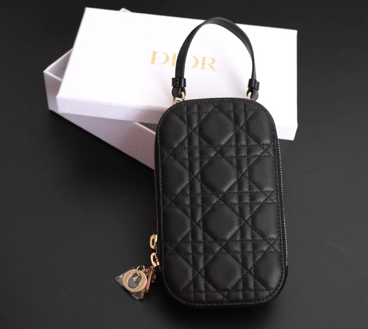 New Lady Dior Phone Holder Crossbody Bag in Black GHW Size 10,5cm x